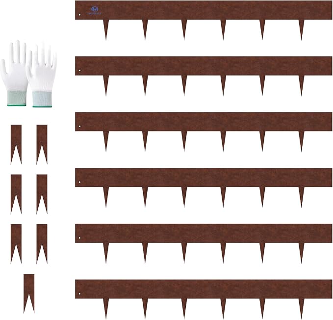 20ft. Metal Edging for Landscaping 6 Pack 6 inch, Cor-Ten Steel Edging for Lawn Yard and Fence, Bendable Hammer-in Steel Landscape Lawn Edging with 7 Stakes and Gloves (40" x 6" inches Each, Rusted)