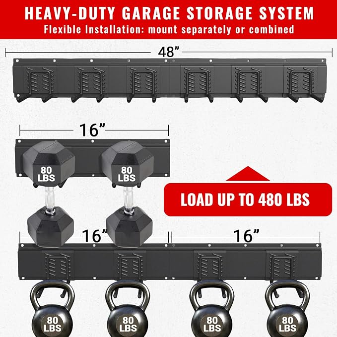 Garage Tool Organizer Wall Mount, Easy to 48inch Install Heavy-Duty Garage Storage System with 6 Adjustable Straight Hooks, Garden Tool Rack for Shovels, Rakes, Yard Tools