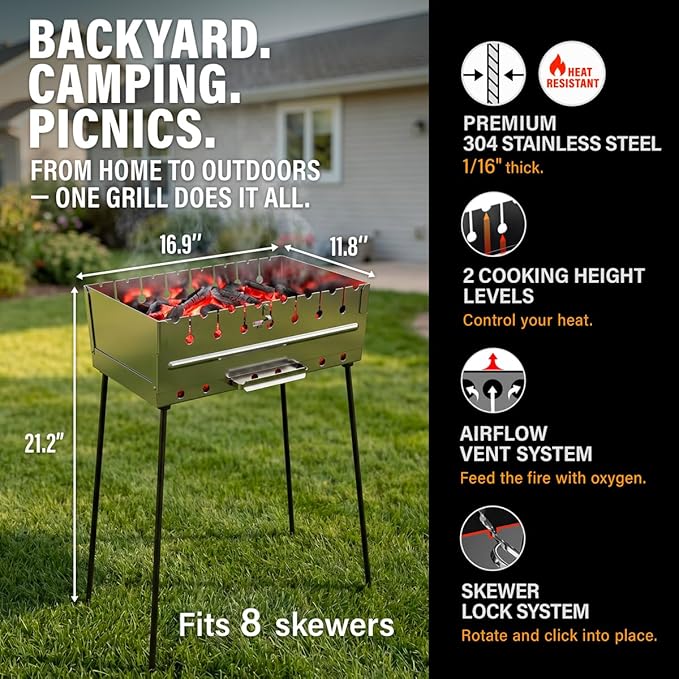 Stainless Steel Charcoal Grill for 8 Skewers – Portable BBQ 16.93"×9.45"×16.93" – Foldable Kabob Mangal – Rustproof Shish Kebab Grill for Outdoor Cooking, (Skewers Not Included)