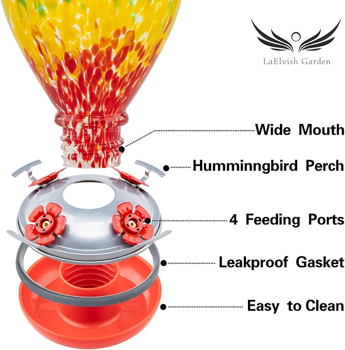 Hummingbird Feeders, 34OZ Hand Blown Glass Hummingbird Feeder for Outdoors Hanging with Ant MoatHooks, Perfect for Gardening Yard Patio Decor Gifts (Rainbow) | LaElvish Garden Hummingbird Feeders, 34OZ Hand Blown Glass Hummingbird Feeder for Outdoors H...