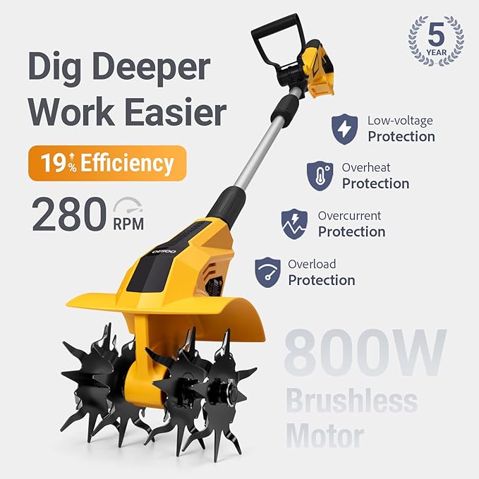 Brushless Tiller Cultivator Compatible with Dewalt 20V Battery(Tool Only), 8.9In Tilling Width and 7.1In Depth Cordless Electric Garden Tiller, Battery Powered Rototiller for Lawn/Gardening