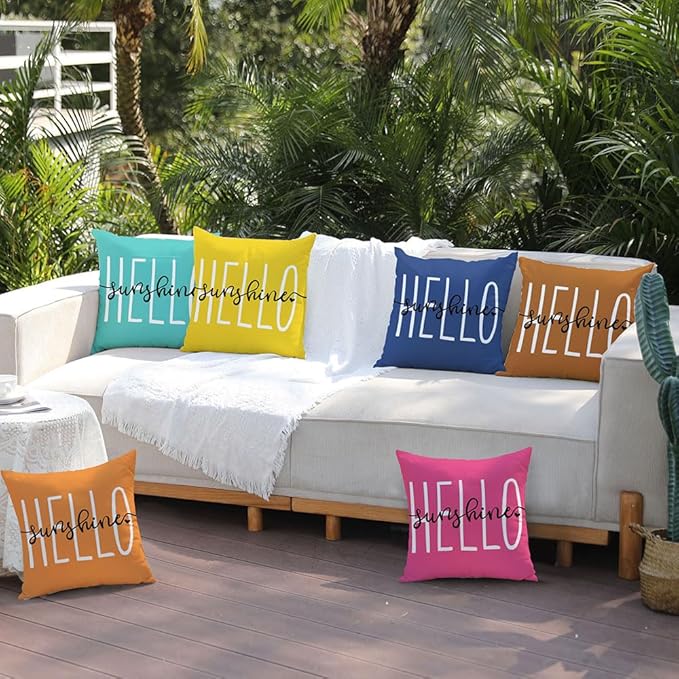 DFXSZ Outdoor Pillow Covers 20x20 Inch Set of 2 Hello Sunshine Decor Blue Waterproof Summer Outdoor Pillowcases Decor for Patio Funiture Garden Sofa Couch 020K20