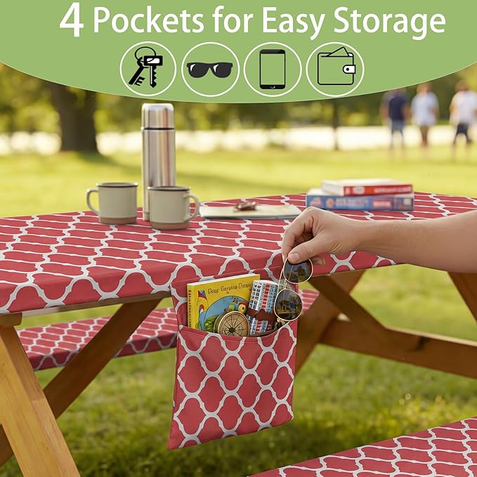 Fitted Waterproof Picnic Table Cover with Bench Covers Elastic Heat Resistant Outdoor Camping Tablecloth for 6 Foot Dinning Rectangle Tables Summer Rv Patio Garden Road Trip Essential Gift