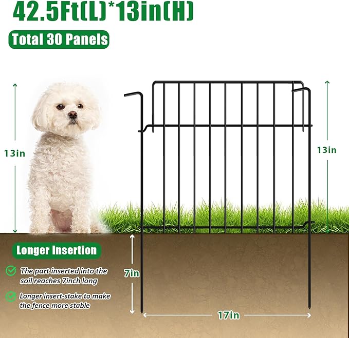 42.5Ft (L) x 20in (H) Decorative Garden Fence 30 Pack Metal Wire Rustproof Small Animal Barrier Fence 1.55" Gap Easy Assembly Patio Yard Seedlings Protection Fencing Border Black