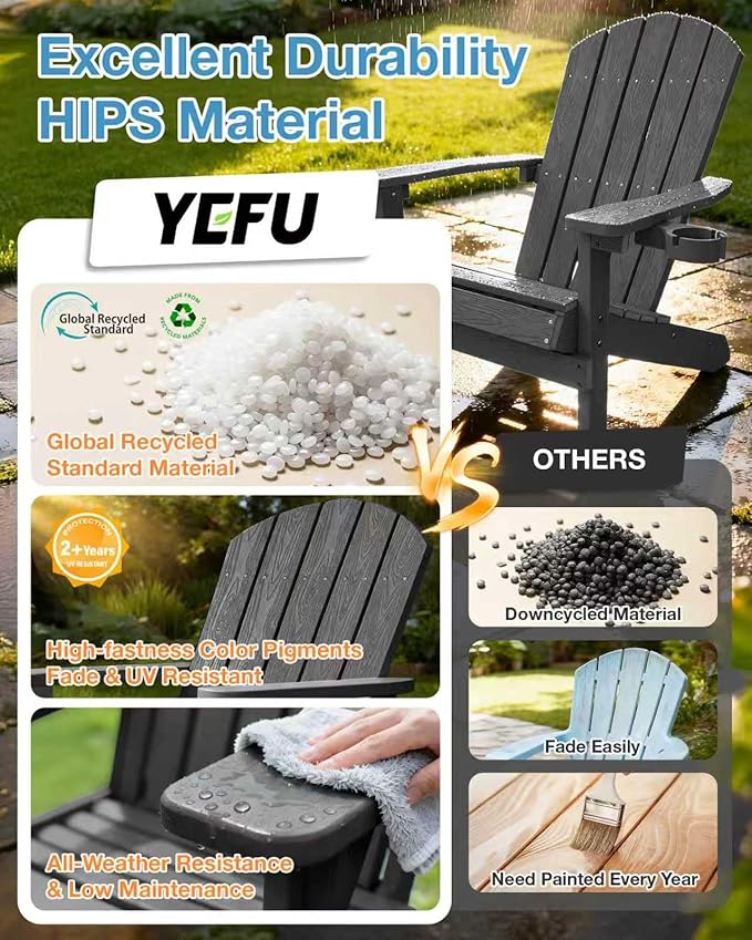 YEFU Adirondack Chairs Set of 6: Plastic Adirondack Chairs - Patio Chairs with Wood Texture - Outdoor Chair HIPS - Lawn Fire Pit Deck Porch Garden Chairs for Adults (Dark Grey)
