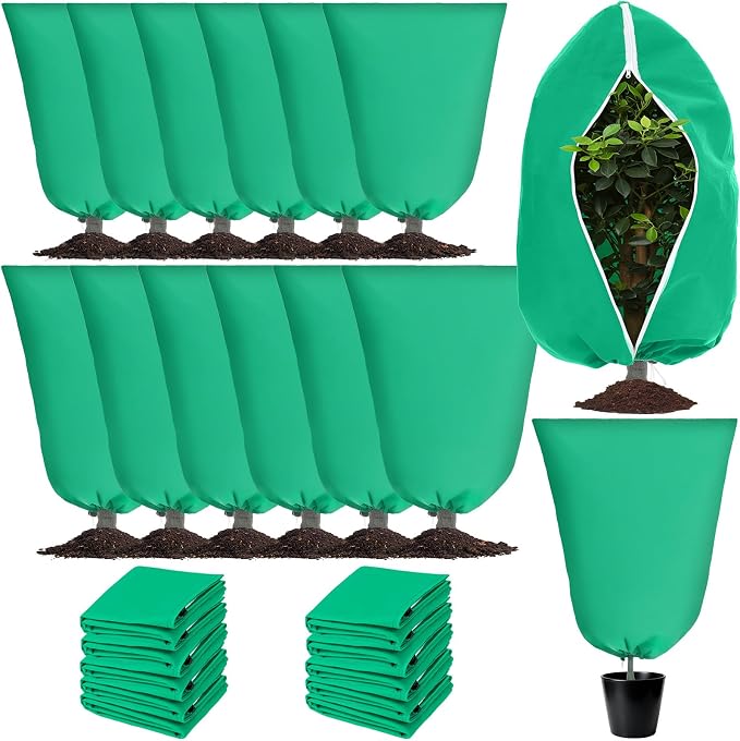 12 Pack Winter Plant Covers Freeze Protection 2 Size 47" x 32" and 24" x 32" Winter Frost Cloths Blankets with Zipper Drawstring Tree Covers for Outdoor Plants Shrubs Potted Trees