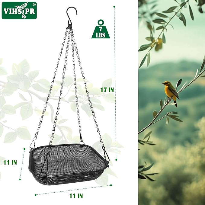 Hanging Bird Feeder for Outdoors – 11 in Square Metal Mesh Bird Feeder Tray Platform for Wild Birds, Black
