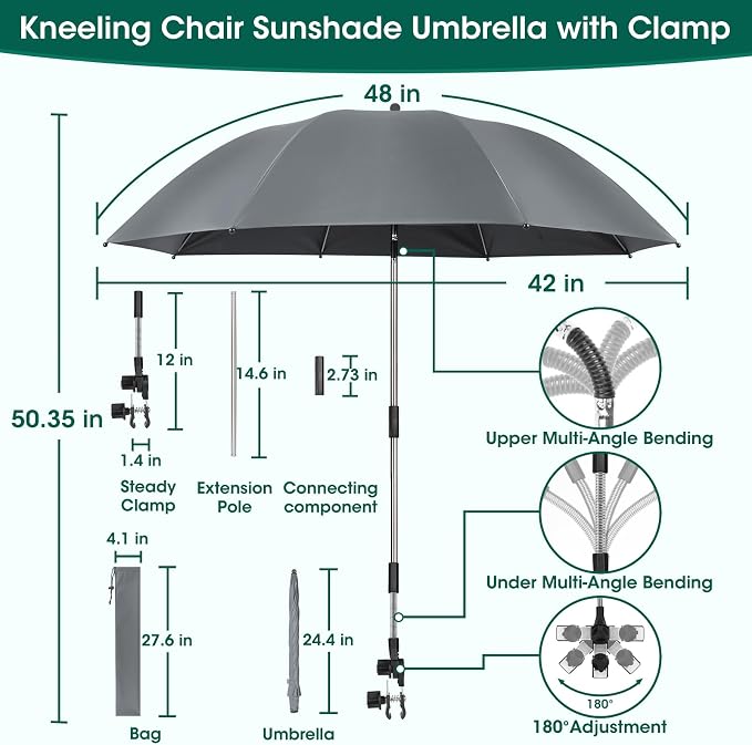 OAOA innovation 2-in-1 Garden Kneeler with Umbrella, Kneeling Bench & Grey Umbrella, Portable Stool 330lb Capacity, Garden Tools Bag with Bottle Holder, Gardening Gift for Men Women Seniors