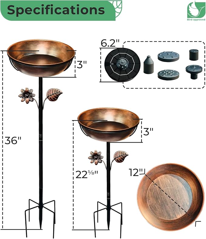 Metal Bird Bath with Solar Fountain - 12" Outdoor Birdbath Bowl + 6.3" Solar Pump with Battery LED Lights & with 4 Fixed Rods | Garden Bird Bath for Yard, Lawn, Patio, Flowing Water Feature