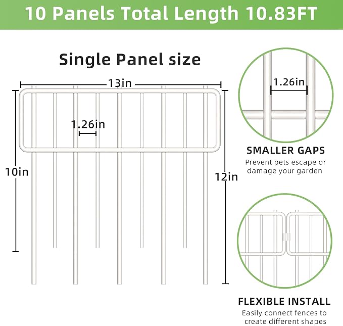 Blingluck Animal Barrier Fence, 10 Pcs Upgrade 1.26 in Gap Decorative Fences No Dig Fence for Rabbits and Dog Ground Defense, Rustproof Metal Wire Garden Edging Border for Outdoor, Yard, White