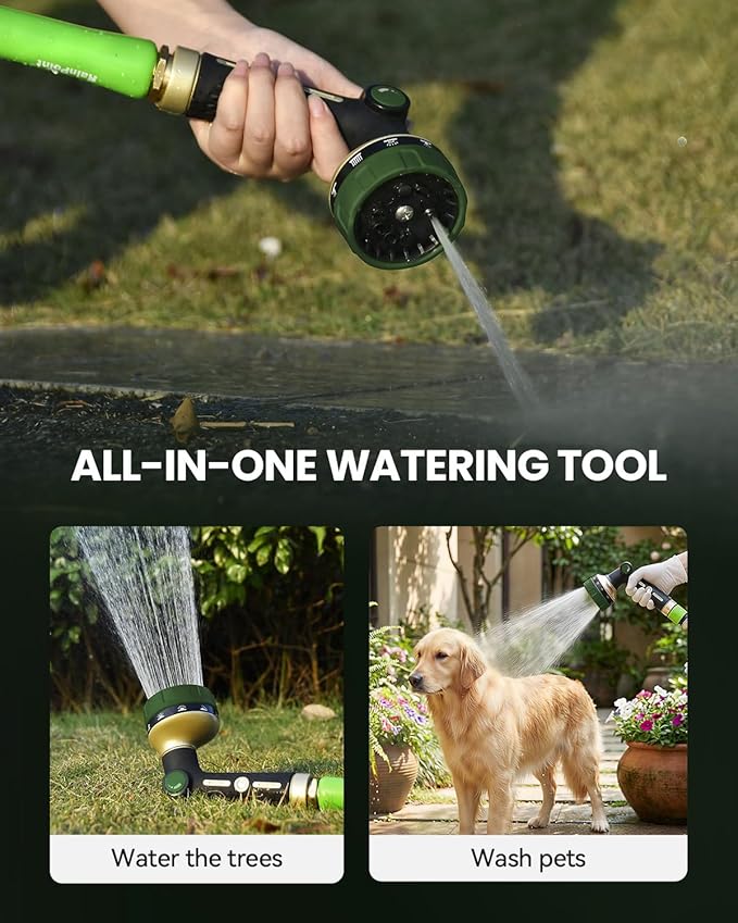 RAINPOINT Garden Hose Nozzle Heavy Duty - 100% Metal Thumb Control Spray Nozzles for Garden Hose High Pressure, 10 Patterns Water Hose Nozzle for Car Wash, Watering Lawn and Pets, Bottle Green
