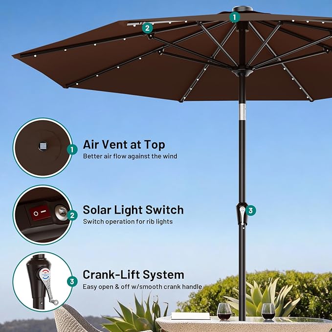 AreShark 9FT Patio Umbrella with Solar Lights, 32 Lighted Pool Umbrella w/Tilt and Crank, Outdoor Market Solar Umbrellas for Garden, Deck, Backyard, Pool and Beach, Brown