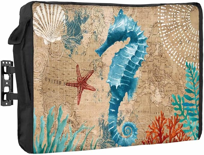 T&H XHome Outdoor TV Cover - Nautical Theme Marine Life Seahorse Waterproof and Weatherproof 40"-43" LCD Movable Shield TV Display Screen Protector Outside Television Covers