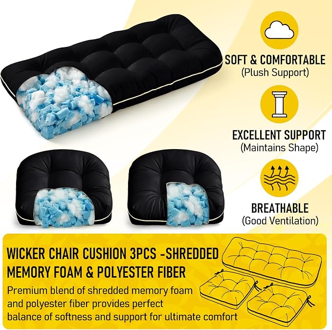 1 MIDDLE ONE Wicker Chair Cushions 3 Pieces Set for Outdoor Furniture, Replacement Patio Wicker Furniture Cushions, 1Pc Loveseat Cushion & 2Pcs Chair Cushions (Black)