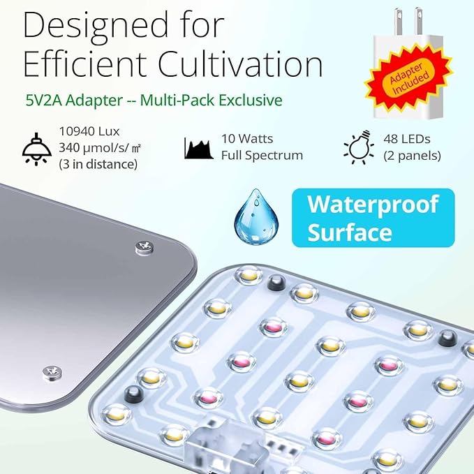 DOMMIA Full Spectrum LED Grow Light for Indoor Plants, 2 Panels 10W with 6/12/16h Timer Dimmable Plant Lights for Flower Veg Plant Growth USB, Warm White, 2-Pack