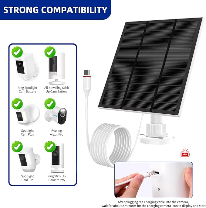 Solar Panels for Ring Camera Outdoor (New Generation) 5W 5V Solar Panel Charger with USB-C&Plug for Spotlight Cam Plus&Stick Up Cam Pro.Waterproof IP65 360°Adjustable 2M Cable (White, 2)