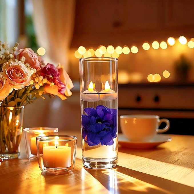 24 Pack Flameless Floating Candles and Floating Artificial Flower Led Battery Operated Waterproof Floating Candles Tea Lights for Vases Centerpieces at Wedding, Party, Pool Decor Purple
