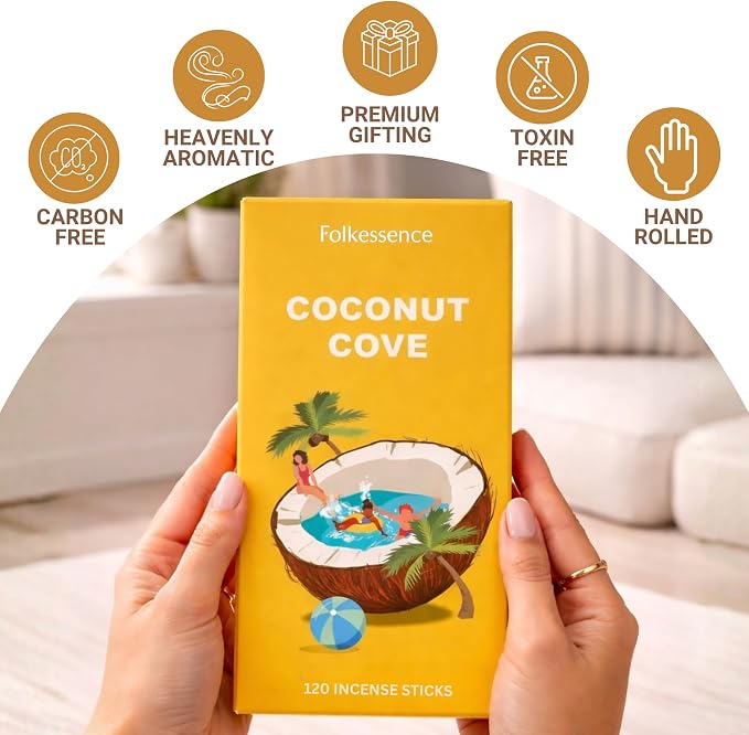 Folkulture Incense Sticks (120 Sticks) | Coconut Summer Vibes Incense for Meditation, Aromatherapy & Stress Relief| Long Burning, Charcoal-Free, Non-Toxic Incense for Summer Teacher Gifts