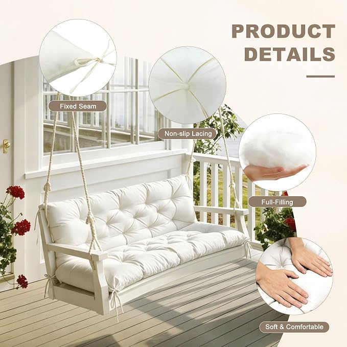 Porch Swing Cushion with Backrest,Waterproof Bench Cushion for Outdoor Furniture,2-3 Seater Replacement Thickened Swing Cushion with Ties,Patio,Outdoor,Backyard and Garden (Cream,47x40)