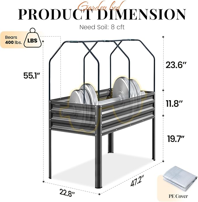 KING BIRD Large Raised Garden Bed with Cover Galvanized Elevated Planter Box with Legs 48×24×56 in for Backyard, Patio, Balcony, 400lb Capacity, Dark Grey