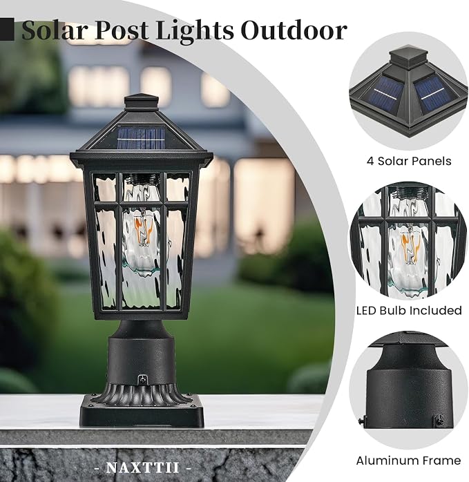 Solar Lamp Post Light Outdoor Waterproof Black Aluminum with Water Ripple Glass 13.6 Inch Height Solar Pole Lights for Garden, Patio, Pathway Include Remote Control and LED Bulb