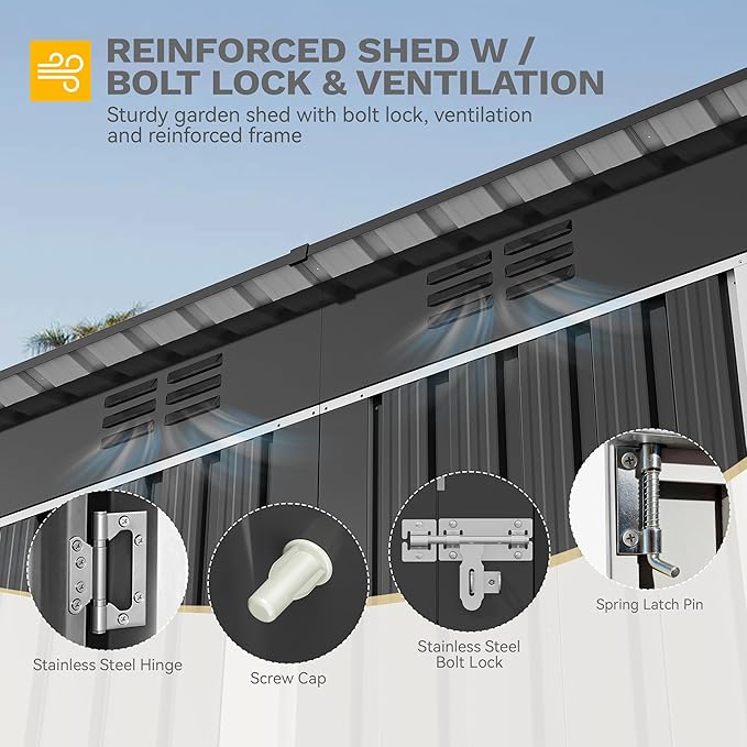 DWVO 8.5x3.5ft Large Tool Storage Shed with Window, Lockable Doors, and Sloped Roof, Oversized Steel Outdoor Storage Shed for Garden, Patio, Garage, Backyard, Lawn - Dark Gray