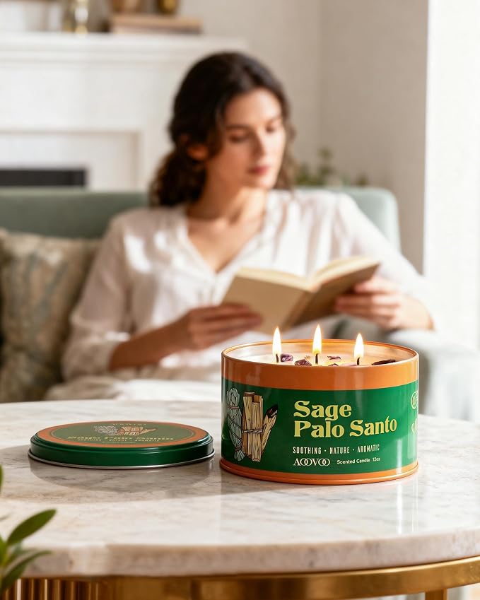 AOOVOO 2 Pack Sage & Palo Santo Candles for Cleansing - 3 Wick 12oz Large Scented Candle with Amethyst Crystals, Sage & Palo Santo Inside, Non-Toxic Soy Candles for Meditation Spiritual Healing Gift