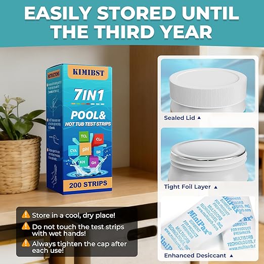 Pool Test Strips: 200CT 7-Way Professional Hot Tub & Spa Test Kit for Bromine pH Total Chlorine & Hardness Cyanuric Acid and More Accurate Testing Above Inground Swimming Pool Water (200)