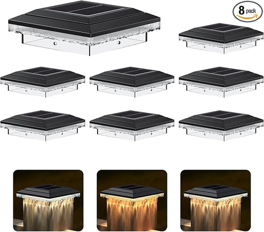 4x4 Solar Post Cap Lights Outdoor, 16 LED Fence Post Solar Lights with 3 Light Modes, Deck Post Lights Solar Powered Waterproof Fits 4x4 Posts Vinyl Wooden Posts for Deck Patio(Black, 8 Pack)
