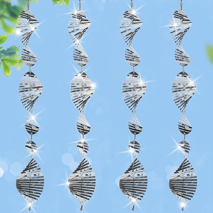 Stainless Steel Bird Deterrents for Outside,3D Wind Spinners Outdoor Decor,12 Discs Reflective Bird Scare Discs 4 Set Bird Reflectors to Keep Woodpecker Pigeon Away from House Window Patio Yard Porch