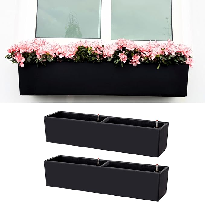 LaLaGreen Hanging Planter Boxes Outdoor (40 Inch, 2 Pack) Black Window Flower Box with Bracket, Large Rectangular Self Watering System Vertical Plant Container Wall Mounted Indoor Succulent Herb Decor