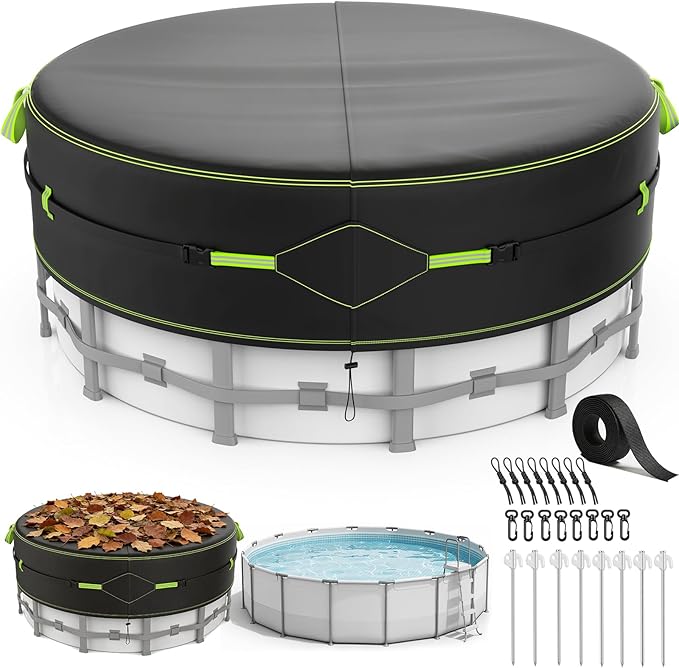 18Ft Round Pool Cover for Above Ground Pools, Safety Solar Pool Covers with Reflective Strips, Rope and Luminous Nails, Upgraded Thicker Oxford, PU Tarp Snug, UV Protected, Windproof, Tear Resistant