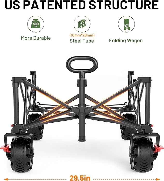 TIMBER RIDGE 600L Beast Wagon 26" W Extra Wide All Terrain Folding w/Big Wheels, Cargo Net & Tailgate, 400lbs Heavy Duty Portable Cart 54.5" L Large Collapsible Wagons for Camping, Sports, Dogs, Green