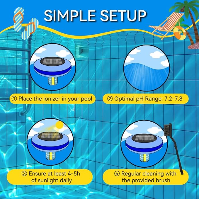 Solar Pool Ionizer for Inground & Above Ground Pools, Floating Solar-Powered Pool Maintenance System with Copper Anode, Helps Reduce Maintenance Effort, Up to 45,000 Gallons