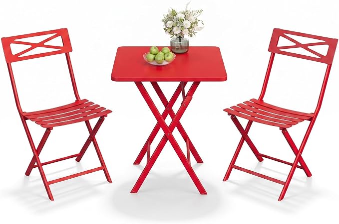 GarveeTech 3-Piece Folding Bistro Set, Heavy Duty Outdoor Patio Furniture with 2 Chairs & 1 Table, Weather-Resistant Steel Frame, No Assembly Required for Garden, Yard, Balcony,Red