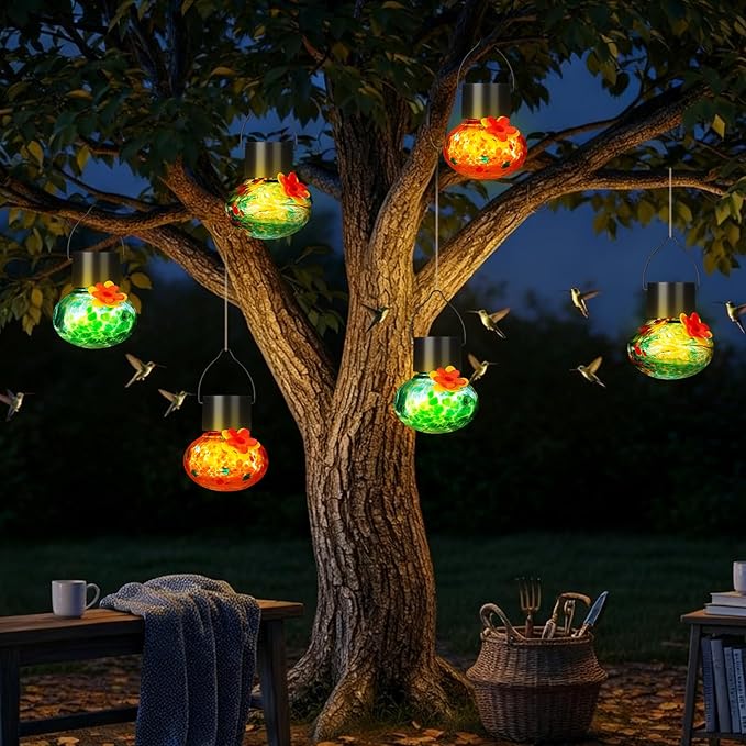 Nuogo 3 Pcs 3.54 Inch Blown Glass Hummingbird Feeders Solar Powered Hummingbird Feeder with LED Light for Garden Outdoors Window Decor Valentine Hanging Gifts Ant and Bee Resistant(Classic Colors)
