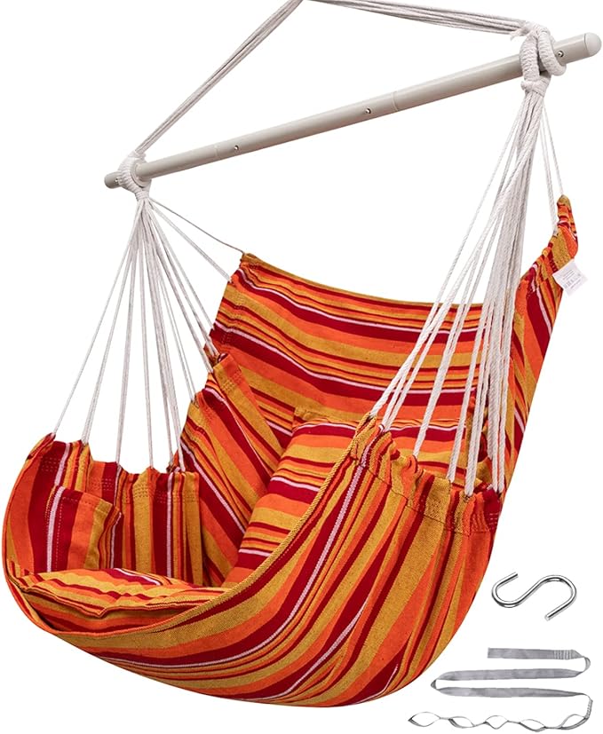 ADVOKAIR Hammock Chair Hanging Chair Swing Large Indoor with Anti-Slip Steel Spread Bar and Pocket-Max 500lbs-2 Cushions, Perfect for Bedroom,Outdoor,Patio, Porch,Backyard