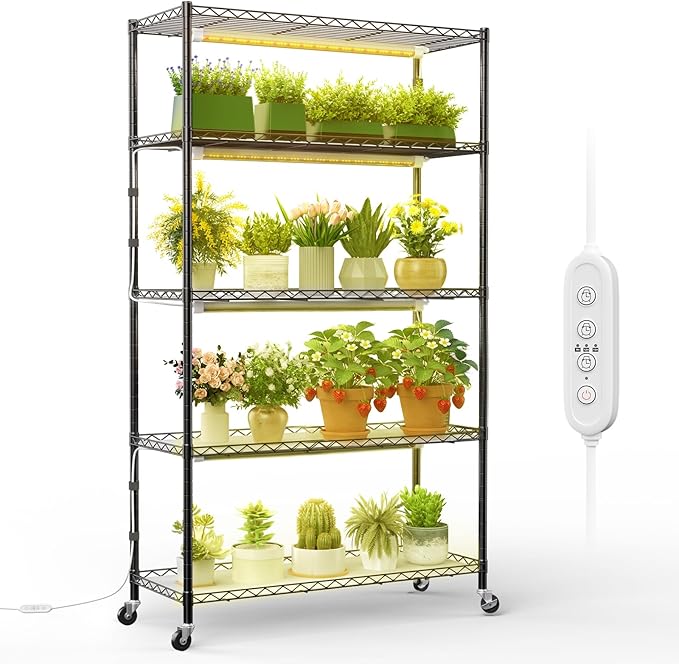 FREELICHT DIY Plant Shelf with Grow Light, 5-Tier, 2FT 5000K 120W(4x30W), Full Spectrum, Metal Plant Stand with Adjustable Rack and Wheel, LED Grow Lights with Timer for Seed Starting 35.4x13.8x61.5IN