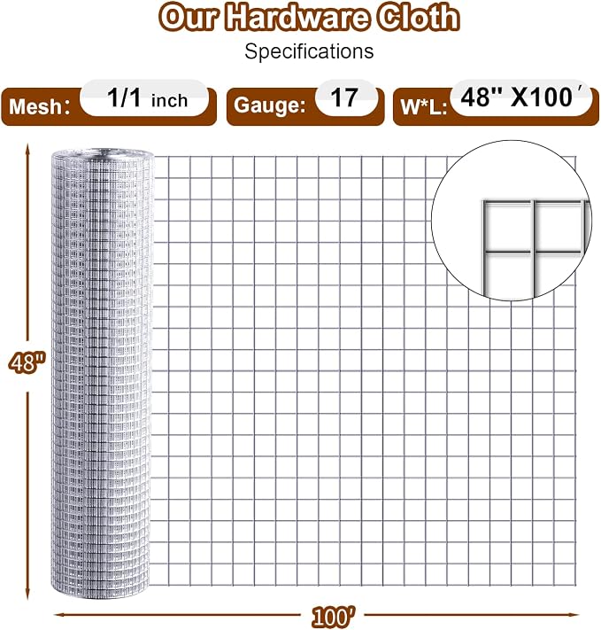 Hardware Cloth 1 inch 48 x 100 ft Mesh 17 Gauge Vinyl Hot Dipped Galvanized After Welding Fence Wire Rodent Mesh Preventing Hare, Raccoons, Foxes, Groundhog Poultry Netting