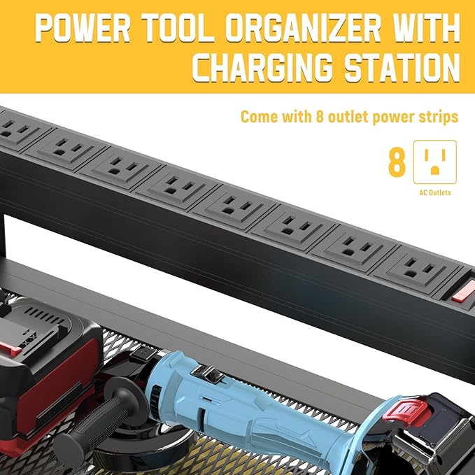 Drill Holder Wall Mount with 8-Outlet Charging Station, 190lbs Load 4 Layers Carbon Steel Heavy Duty Power Tool Organizer Wall Mount for Garage & Workshop, 4 Drill Holders, Modular Pegboard Rack