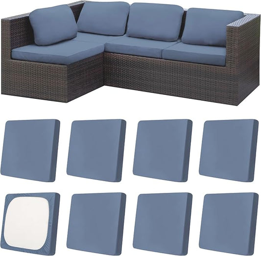 8Pcs Patio Cushion Covers,Outdoor Cushions Covers,Stretch Cushion Covers Replacement, Washable and Reusable Furniture Protectors (Grey Blue)