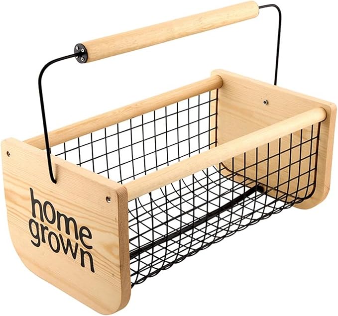 Santa Barbara Design Studio Wood and Metal Mesh Vegetable Flower Garden Harvest Basket, 16" L x 9" W x 7" H, Home Grown