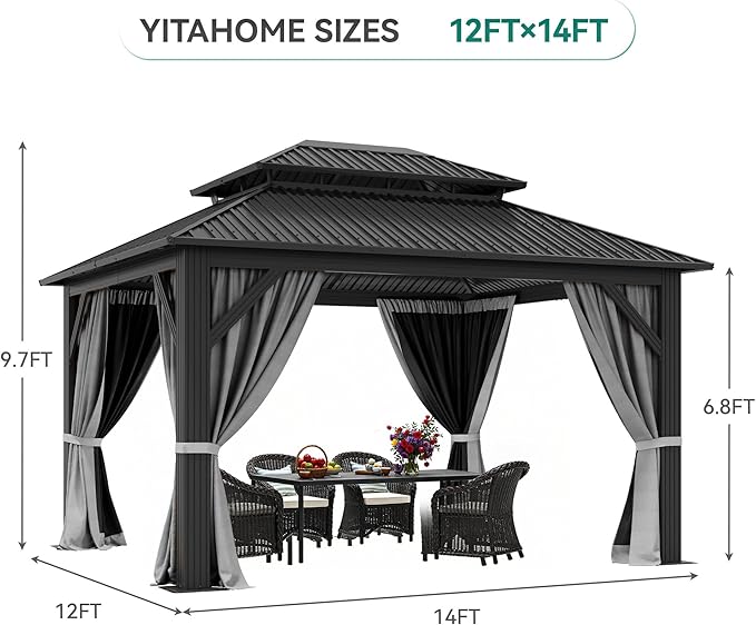 YITAHOME 12x14ft Hardtop Gazebo with Nettings and Curtains, Heavy Duty Double Roof Galvanized Steel Outdoor Combined of Vertical Stripes Roof for Patio, Backyard, Deck, Lawns, Gray