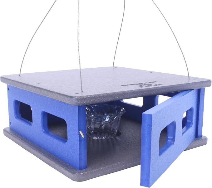 Bluebird Feeder - Hanging Block House Mealworm Feeder for Bluebirds - Amish-Made with Poly Lumber (Gray and Blue)