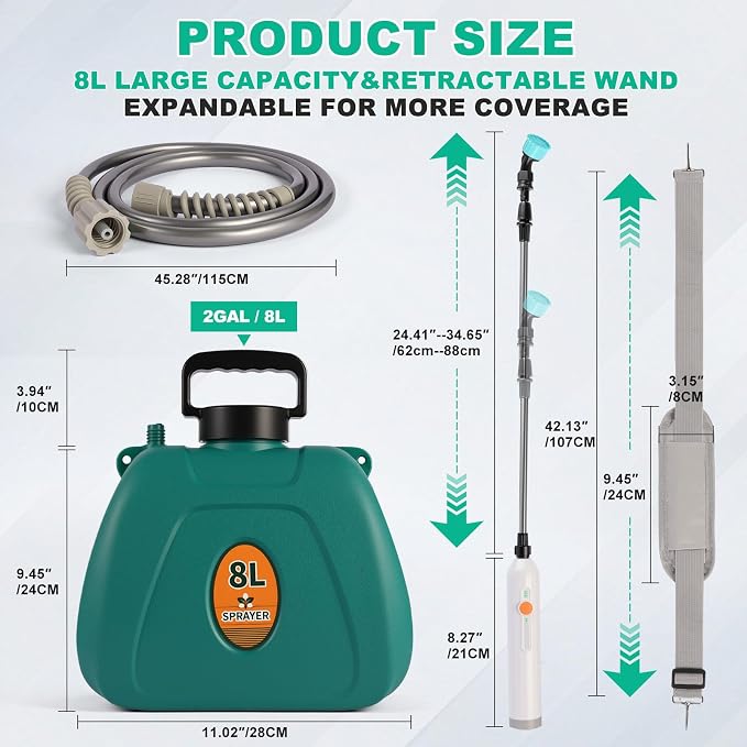 2 Gallon Battery Powered Garden Sprayer, Electric Weed Sprayer with 2 Adjustable Speed, Battery Indicator,Rechargeable Retractable Wand with Adjustable Shoulder Strap for Lawn,Garden,Yard