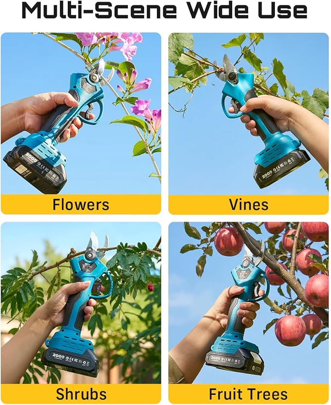 SEESII Electric Pruning Shears for Garden: 1.4" Cutting Cordless Power Pruner, 2 * 2000mAh Batteries, Brushless Motor, Extra SK5 Blade, 2 Modes Battery Powered Branch Cutter for Tree Trimming