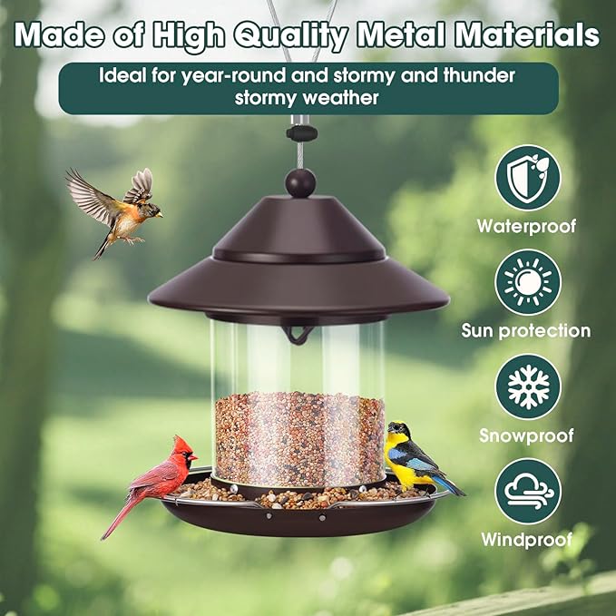 Bird Feeders for Outdoors, Hanging Metal Roof Bird Feeder with Clear Tube Seed Capacity for Viewing Cardinal Finch, Wild Birdfeeders for Outside Garden Yard Decoration