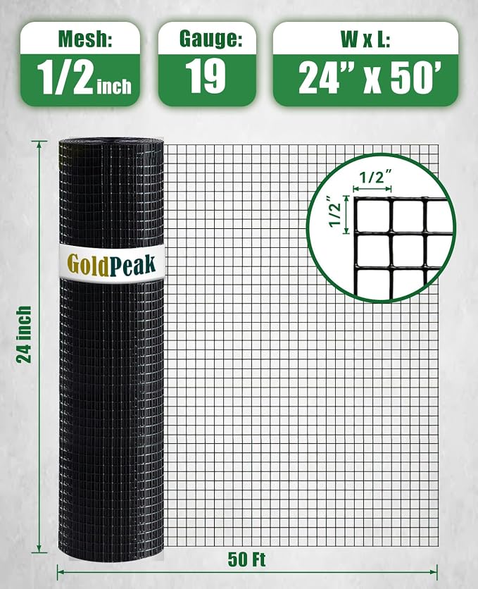 GoldPeak Black Hardware Cloth 1/2 inch Mesh, 24 inch x 50 Foot 19 Gauge, PVC Coated Chicken Wire Fence Roll Garden Fence Mesh Wire Fencing Welded Wire Fencing Wire Mesh Roll Tree Guard