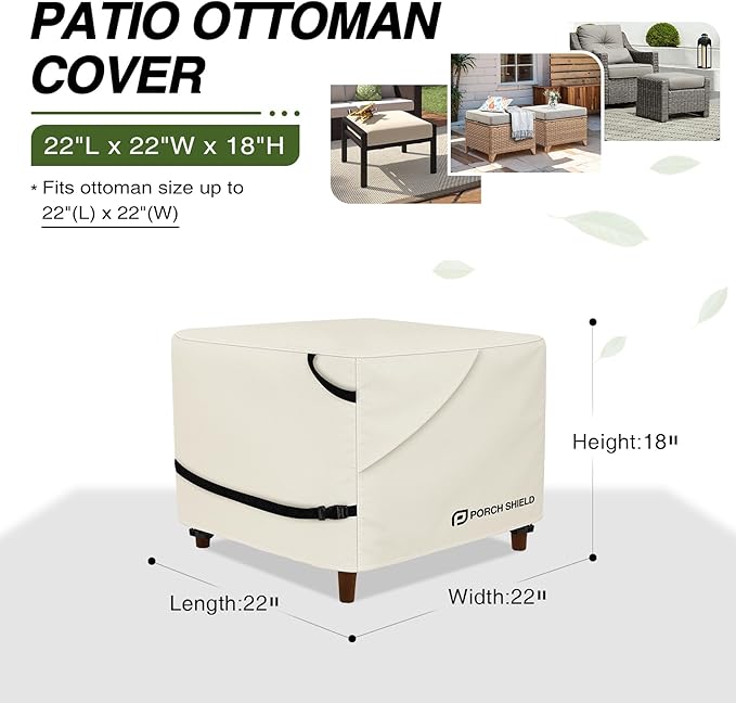 Porch Shield Patio Ottoman Cover - Waterproof Outdoor Square Side Table Covers – 22L x 22W x 18H inch, Beige