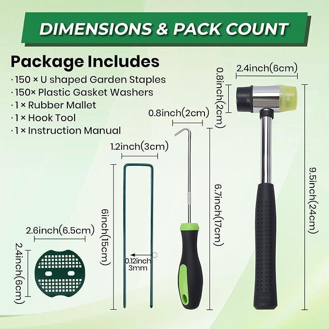 150Pcs Garden Staples +150Pcs Gasket +Pick Hook +Rubber Mallet, 6 Inch Landscape Fabric Stakes Galvanized Weed Barrier Stakes 11 Gauge Landscape Pins U Shape Lawn Staples for Yard, Sod, Turf, Green